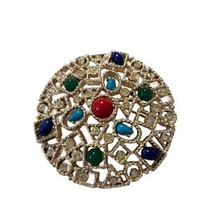 Vintage Emmons Openwork Round Brooch with Multi Color Cabochons, 2" Diameter